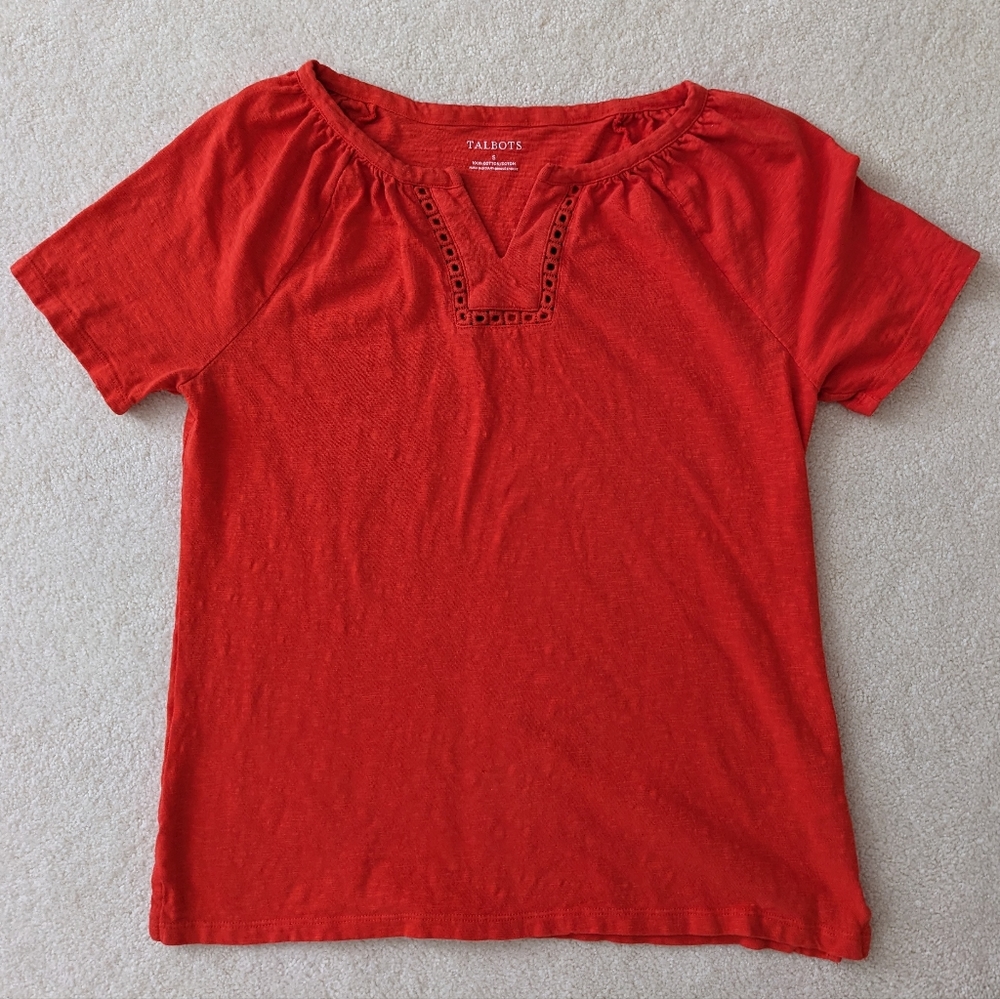 Talbots top orange red cotton notched v neck with detailing S